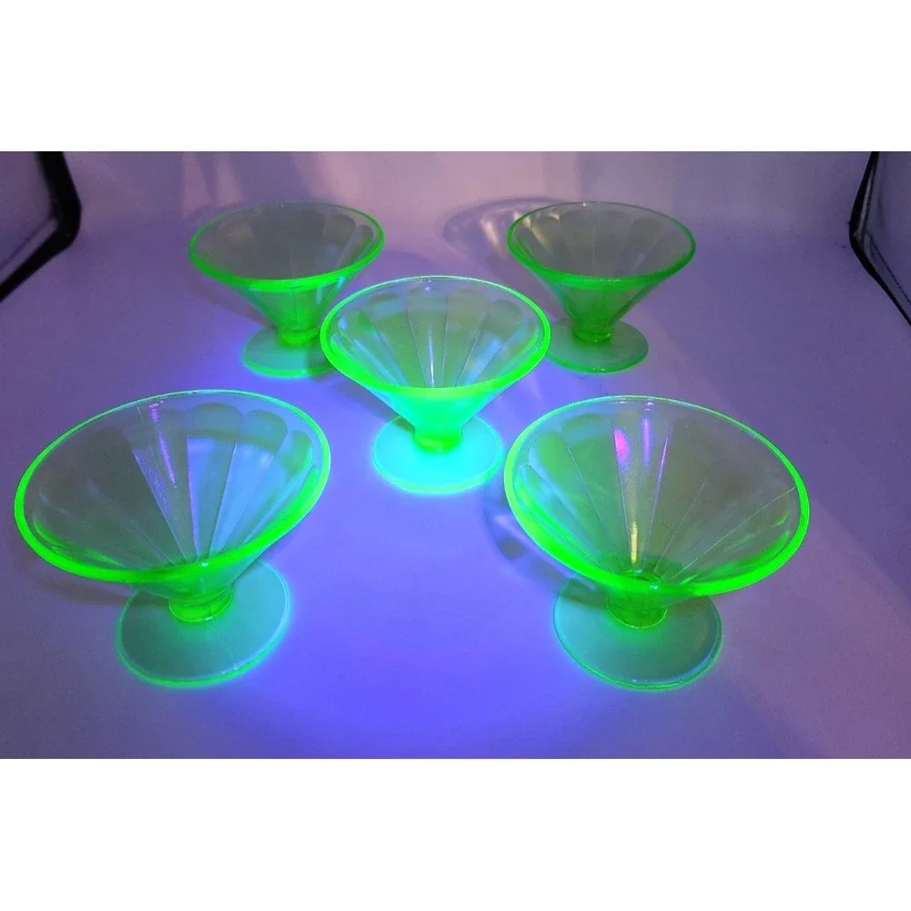 GLOWS! Vintage Green Uranium Depression Glass Sherbet Dessert Cups Set of 5